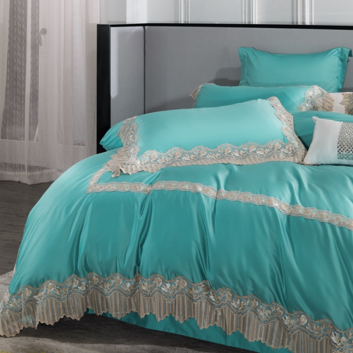 91家纺网 家纺一手货源 找家纺 缔缦家纺 2022新款100支长绒棉蕾丝系列四件套-莫奈 蒂芙尼蓝