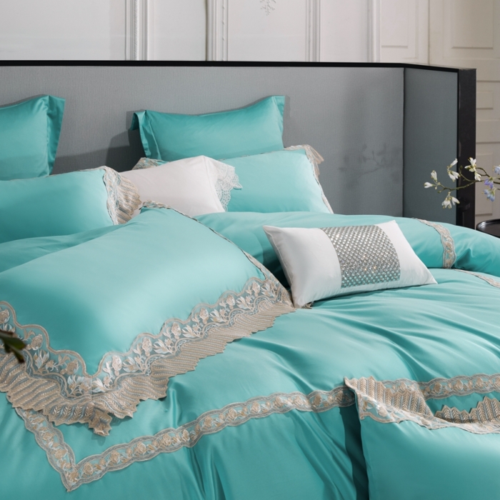 91家纺网 家纺一手货源 找家纺 缔缦家纺 2022新款100支长绒棉蕾丝系列四件套-莫奈 蒂芙尼蓝