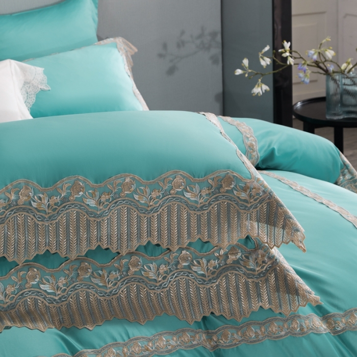 91家纺网 家纺一手货源 找家纺 缔缦家纺 2022新款100支长绒棉蕾丝系列四件套-莫奈 蒂芙尼蓝