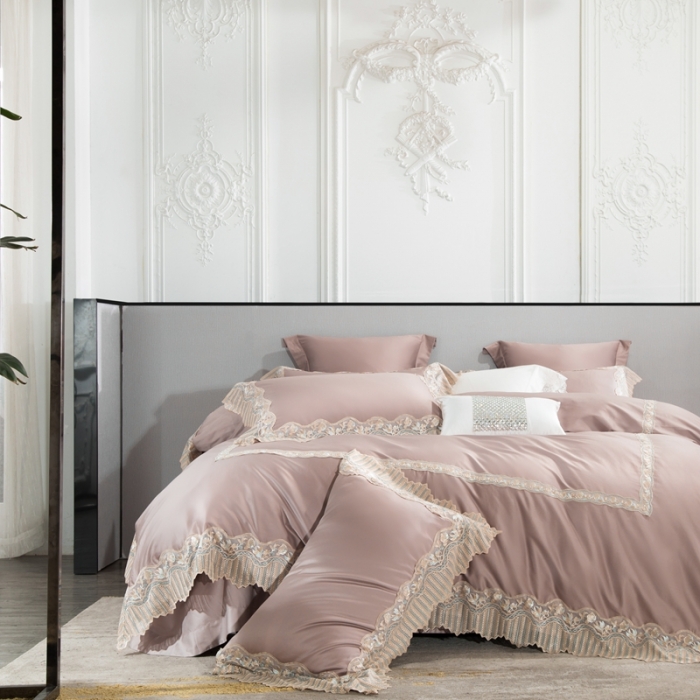 91家纺网 家纺一手货源 找家纺 缔缦家纺 2022新款100支长绒棉蕾丝系列四件套-莫奈 果玉