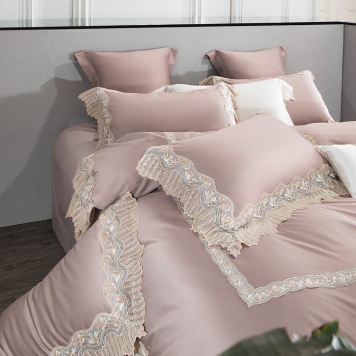 91家纺网 家纺一手货源 找家纺 缔缦家纺 2022新款100支长绒棉蕾丝系列四件套-莫奈 果玉