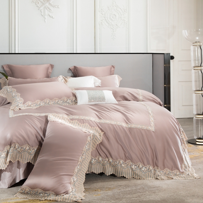 91家纺网 家纺一手货源 找家纺 缔缦家纺 2022新款100支长绒棉蕾丝系列四件套-莫奈 果玉