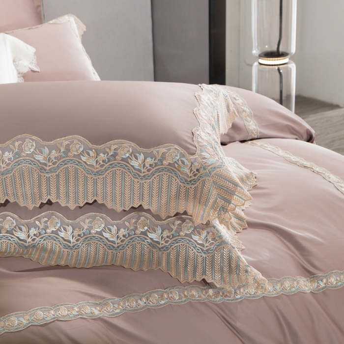 91家纺网 家纺一手货源 找家纺 缔缦家纺 2022新款100支长绒棉蕾丝系列四件套-莫奈 果玉