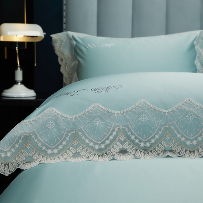 91家纺网 家纺一手货源 找家纺 缔缦家纺 2022新款100支长绒棉蕾丝系列四件套-慕斯 云杉兰