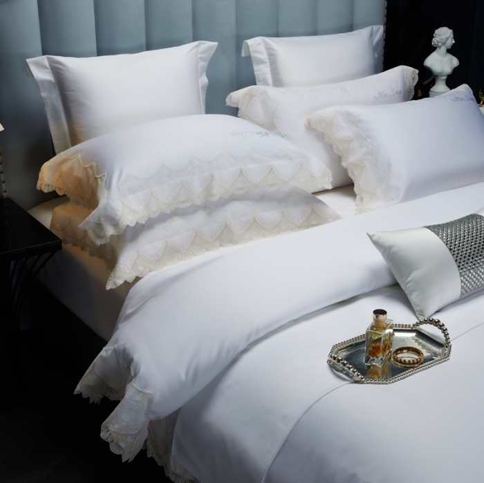 91家纺网 家纺一手货源 找家纺 缔缦家纺 2022新款100支长绒棉蕾丝系列四件套-慕斯 柔白