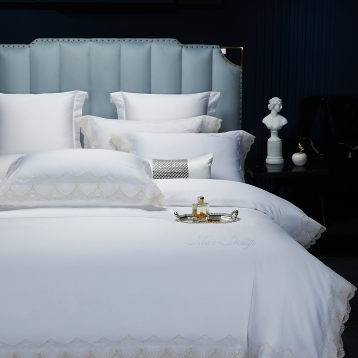 91家纺网 家纺一手货源 找家纺 缔缦家纺 2022新款100支长绒棉蕾丝系列四件套-慕斯 柔白