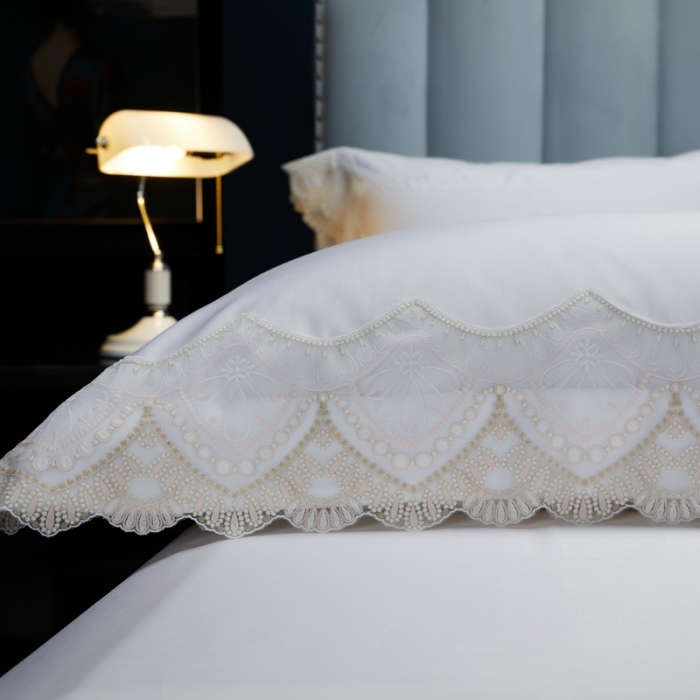 91家纺网 家纺一手货源 找家纺 缔缦家纺 2022新款100支长绒棉蕾丝系列四件套-慕斯 柔白