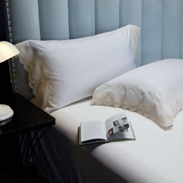 91家纺网 家纺一手货源 找家纺 缔缦家纺 2022新款100支长绒棉蕾丝系列四件套-慕斯 柔白