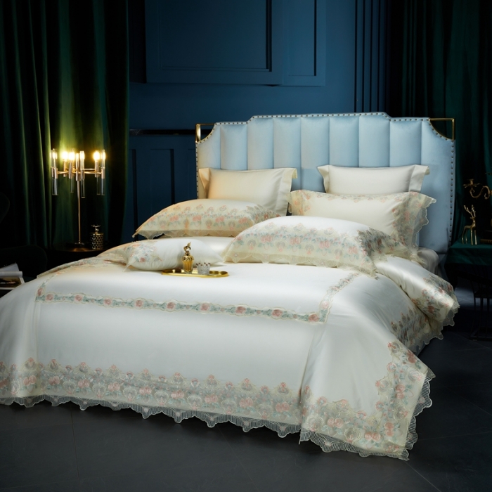 91家纺网 家纺一手货源 找家纺 缔缦家纺 2022新款100支长绒棉蕾丝系列四件套-蕊初 白色