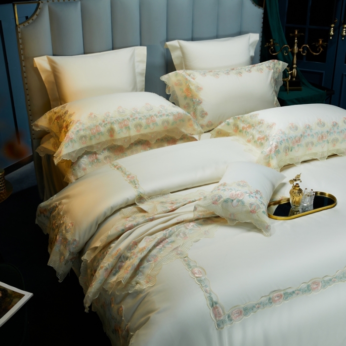 91家纺网 家纺一手货源 找家纺 缔缦家纺 2022新款100支长绒棉蕾丝系列四件套-蕊初 白色