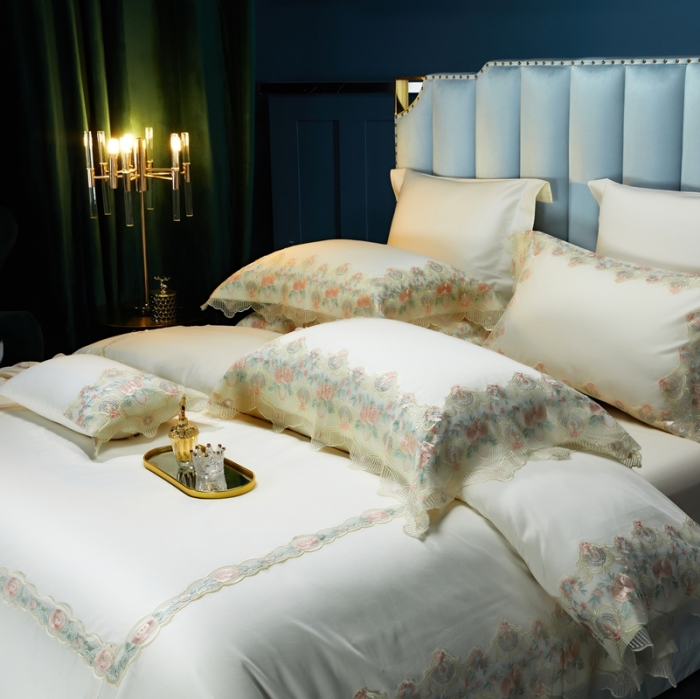 91家纺网 家纺一手货源 找家纺 缔缦家纺 2022新款100支长绒棉蕾丝系列四件套-蕊初 白色