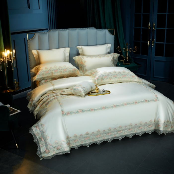 91家纺网 家纺一手货源 找家纺 缔缦家纺 2022新款100支长绒棉蕾丝系列四件套-蕊初 白色