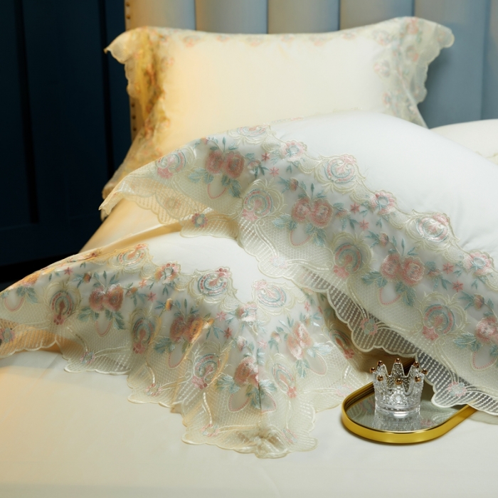 91家纺网 家纺一手货源 找家纺 缔缦家纺 2022新款100支长绒棉蕾丝系列四件套-蕊初 白色