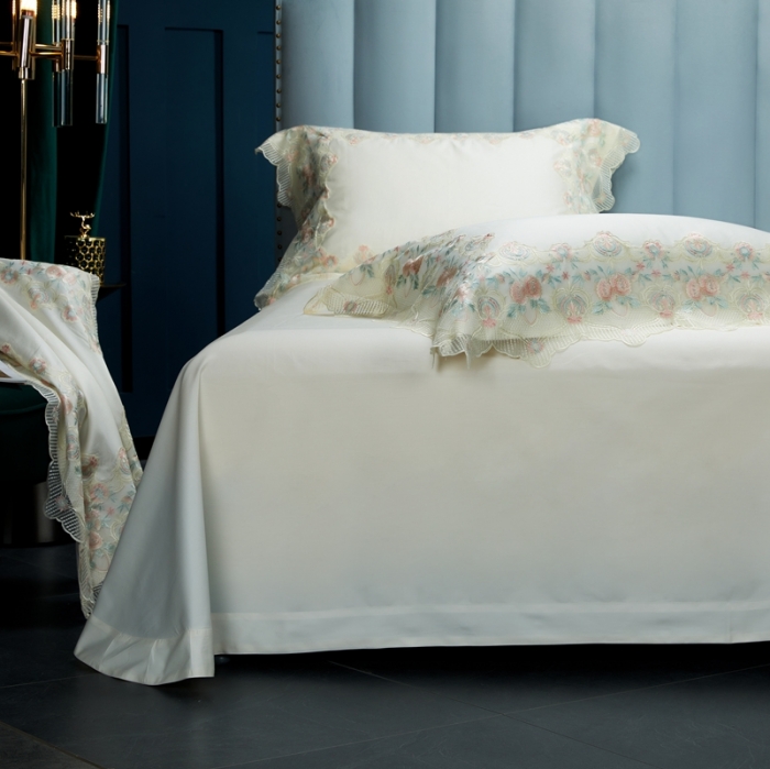 91家纺网 家纺一手货源 找家纺 缔缦家纺 2022新款100支长绒棉蕾丝系列四件套-蕊初 白色