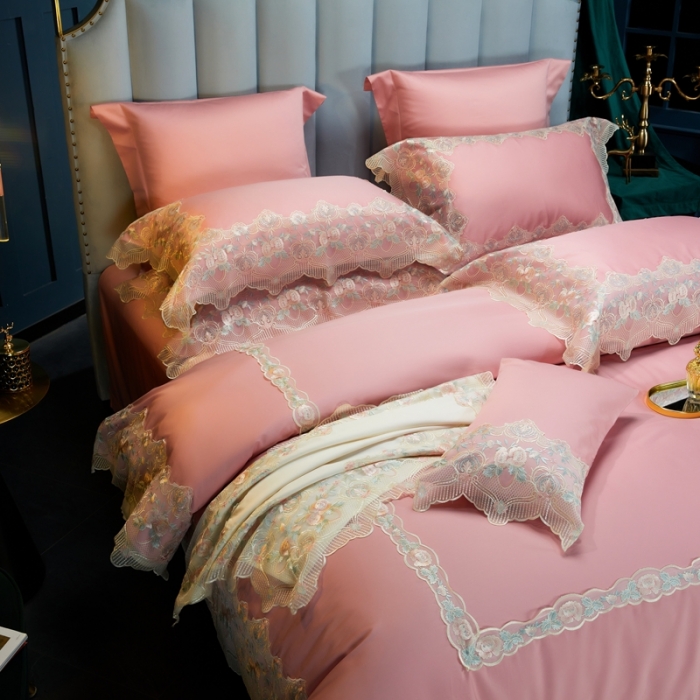 91家纺网 家纺一手货源 找家纺 缔缦家纺 2022新款100支长绒棉蕾丝系列四件套-蕊初 粉色