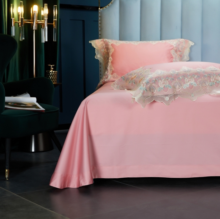 91家纺网 家纺一手货源 找家纺 缔缦家纺 2022新款100支长绒棉蕾丝系列四件套-蕊初 粉色