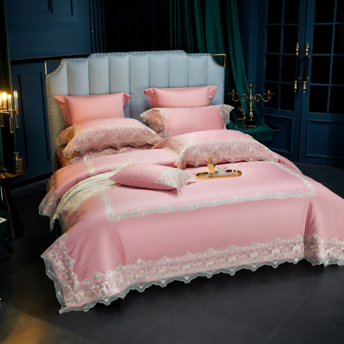 91家纺网 家纺一手货源 找家纺 缔缦家纺 2022新款100支长绒棉蕾丝系列四件套-蕊初 粉色