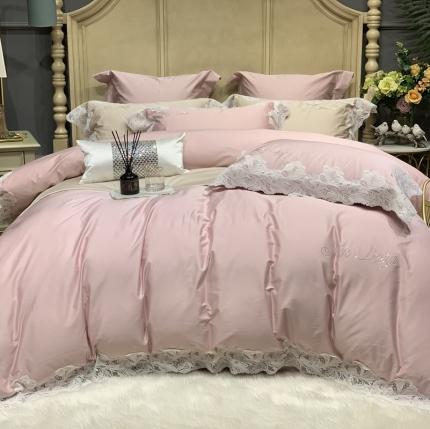 91家纺网 家纺一手货源 找家纺 缔缦家纺 2022新款100支长绒棉蕾丝系列四件套-莎桦 裸粉