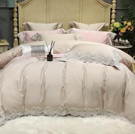 91家纺网 家纺一手货源 找家纺 缔缦家纺 2022新款100支长绒棉蕾丝系列四件套-莎桦 燕麦色