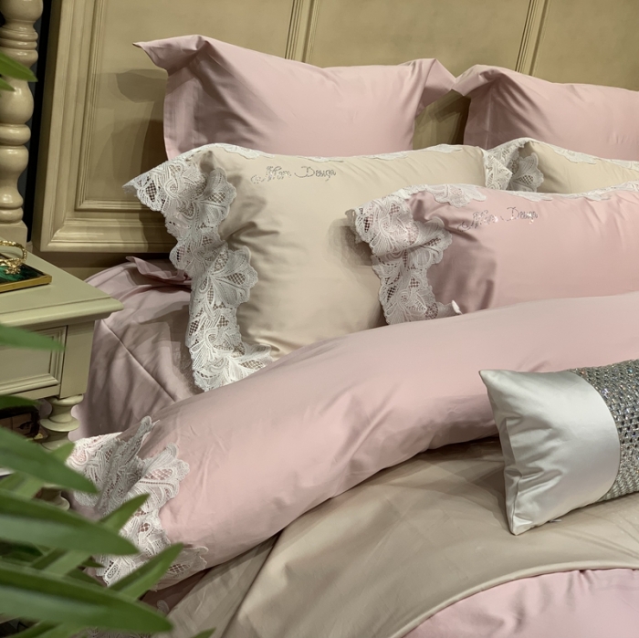 91家纺网 家纺一手货源 找家纺 缔缦家纺 2022新款100支长绒棉蕾丝系列四件套-莎桦 裸粉