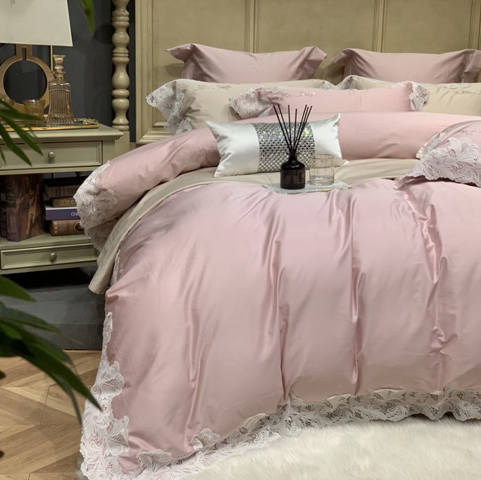 91家纺网 家纺一手货源 找家纺 缔缦家纺 2022新款100支长绒棉蕾丝系列四件套-莎桦 裸粉