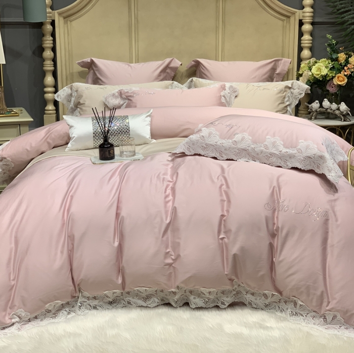 91家纺网 家纺一手货源 找家纺 缔缦家纺 2022新款100支长绒棉蕾丝系列四件套-莎桦 裸粉