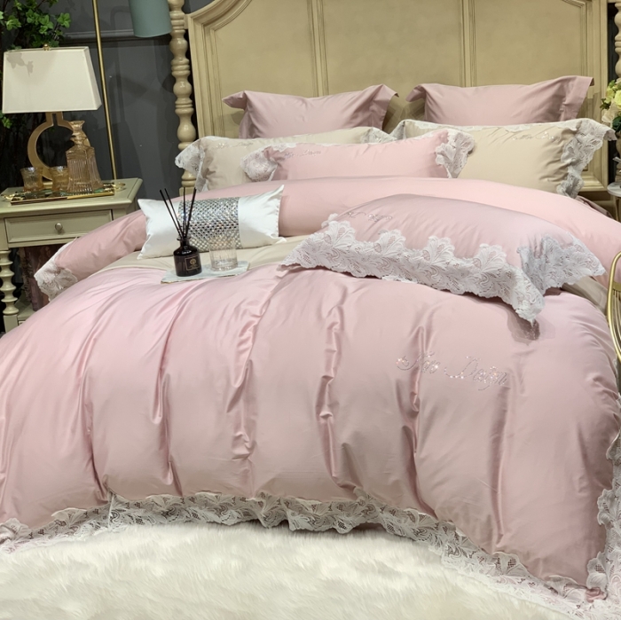 91家纺网 家纺一手货源 找家纺 缔缦家纺 2022新款100支长绒棉蕾丝系列四件套-莎桦 裸粉