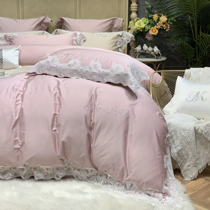 91家纺网 家纺一手货源 找家纺 缔缦家纺 2022新款100支长绒棉蕾丝系列四件套-莎桦 裸粉