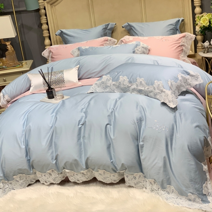 91家纺网 家纺一手货源 找家纺 缔缦家纺 2022新款100支长绒棉蕾丝系列四件套-莎桦 雾霾蓝