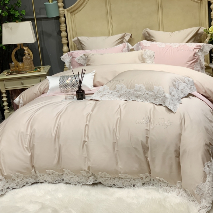 91家纺网 家纺一手货源 找家纺 缔缦家纺 2022新款100支长绒棉蕾丝系列四件套-莎桦 燕麦色