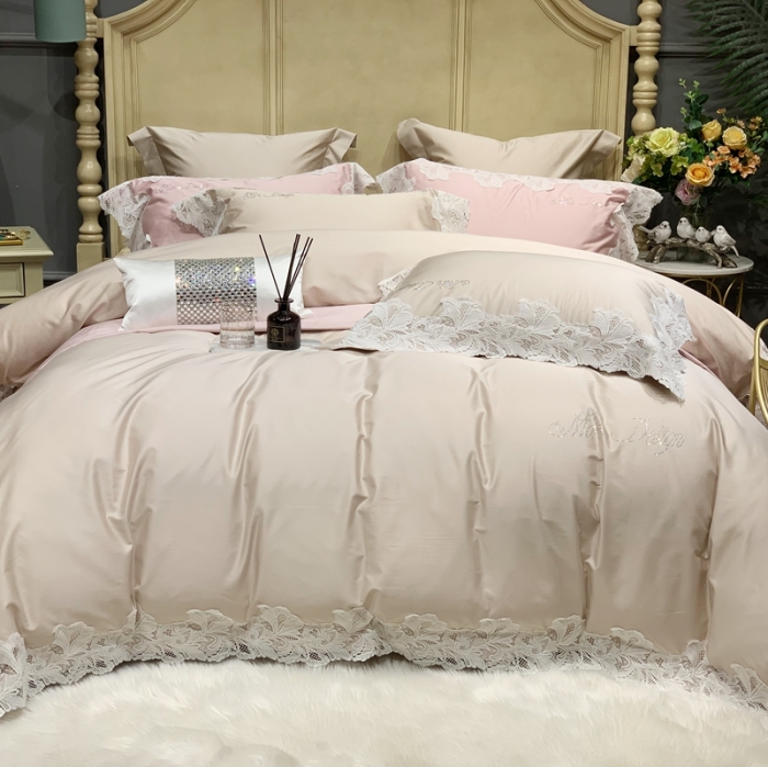 91家纺网 家纺一手货源 找家纺 缔缦家纺 2022新款100支长绒棉蕾丝系列四件套-莎桦 燕麦色