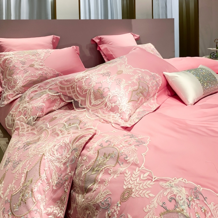 91家纺网 家纺一手货源 找家纺 缔缦家纺 2022新款100支长绒棉蕾丝系列四件套-西西里 碧玉粉