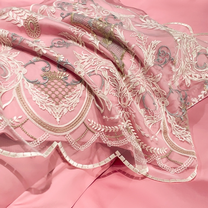 91家纺网 家纺一手货源 找家纺 缔缦家纺 2022新款100支长绒棉蕾丝系列四件套-西西里 碧玉粉