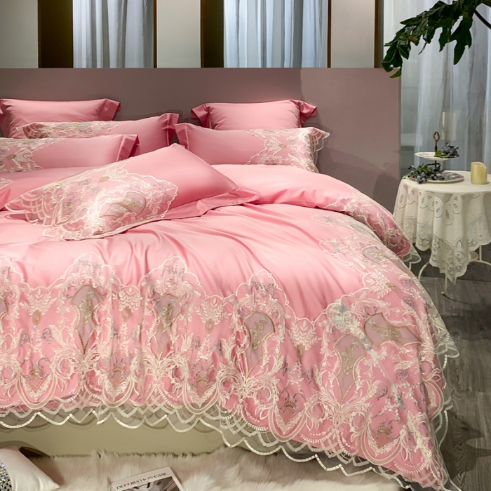 91家纺网 家纺一手货源 找家纺 缔缦家纺 2022新款100支长绒棉蕾丝系列四件套-西西里 碧玉粉