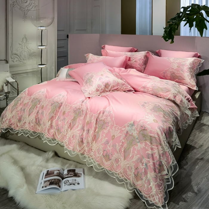 91家纺网 家纺一手货源 找家纺 缔缦家纺 2022新款100支长绒棉蕾丝系列四件套-西西里 碧玉粉