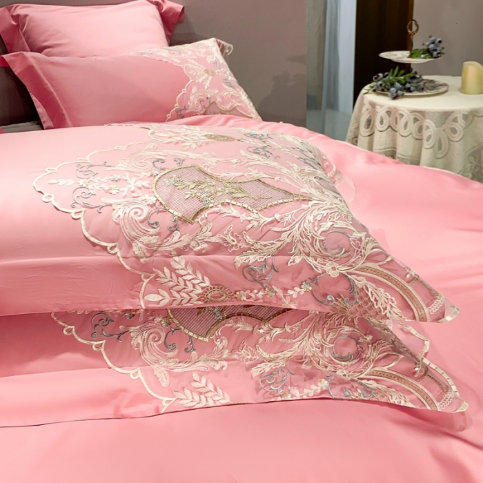 91家纺网 家纺一手货源 找家纺 缔缦家纺 2022新款100支长绒棉蕾丝系列四件套-西西里 碧玉粉