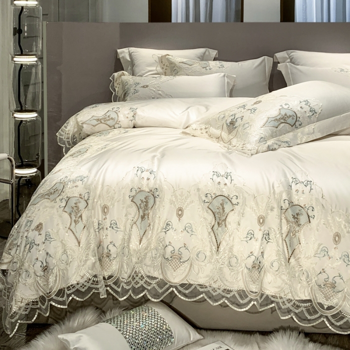 91家纺网 家纺一手货源 找家纺 缔缦家纺 2022新款100支长绒棉蕾丝系列四件套-西西里 贵族白