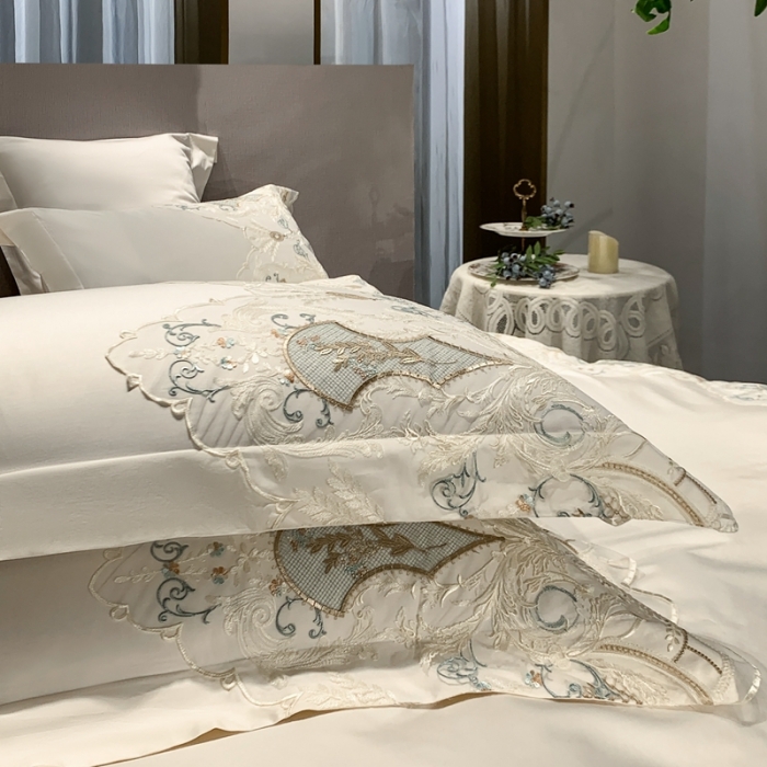 91家纺网 家纺一手货源 找家纺 缔缦家纺 2022新款100支长绒棉蕾丝系列四件套-西西里 贵族白