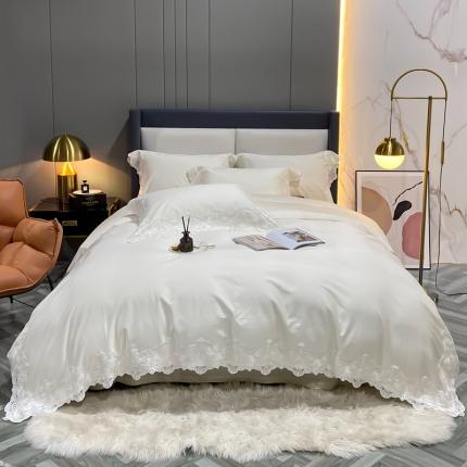 91家纺网 家纺一手货源 找家纺 缔缦家纺 2022新款100支长绒棉蕾丝四件套-夏丽尔公主 米白