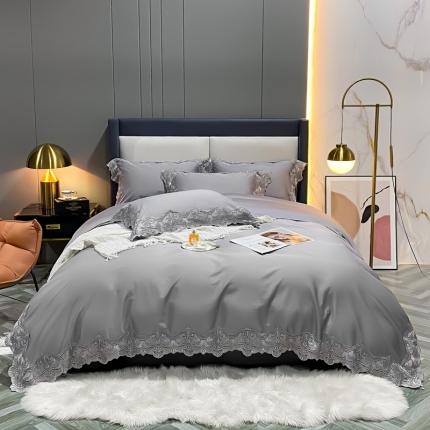 91家纺网 家纺一手货源 找家纺 缔缦家纺 2022新款100支长绒棉蕾丝四件套-夏丽尔公主 银灰