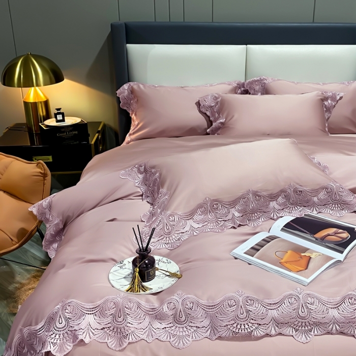 91家纺网 家纺一手货源 找家纺 缔缦家纺 2022新款100支长绒棉蕾丝四件套-夏丽尔公主 豆沙