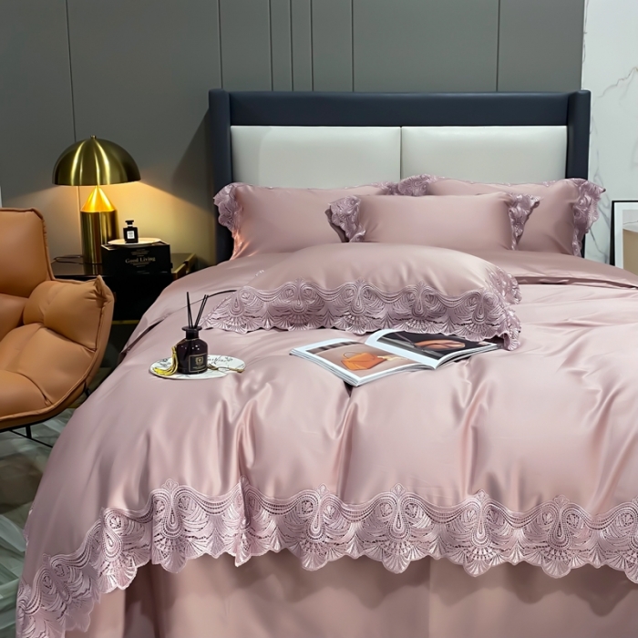 91家纺网 家纺一手货源 找家纺 缔缦家纺 2022新款100支长绒棉蕾丝四件套-夏丽尔公主 豆沙