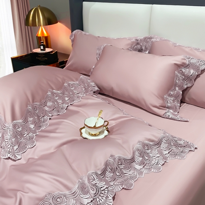 91家纺网 家纺一手货源 找家纺 缔缦家纺 2022新款100支长绒棉蕾丝四件套-夏丽尔公主 豆沙