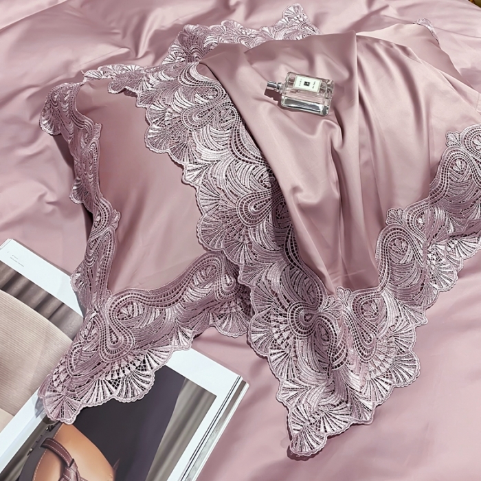 91家纺网 家纺一手货源 找家纺 缔缦家纺 2022新款100支长绒棉蕾丝四件套-夏丽尔公主 豆沙