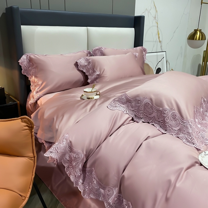 91家纺网 家纺一手货源 找家纺 缔缦家纺 2022新款100支长绒棉蕾丝四件套-夏丽尔公主 豆沙