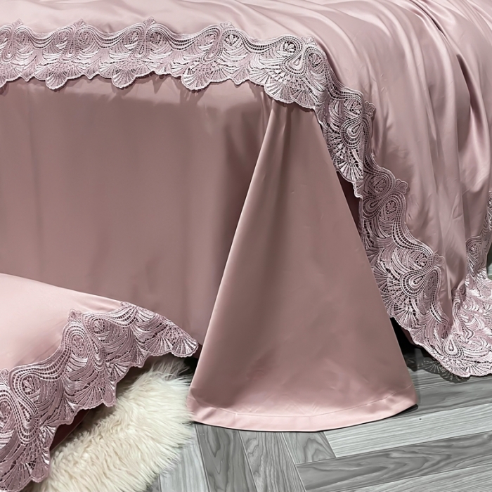 91家纺网 家纺一手货源 找家纺 缔缦家纺 2022新款100支长绒棉蕾丝四件套-夏丽尔公主 豆沙
