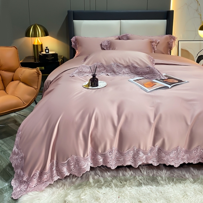 91家纺网 家纺一手货源 找家纺 缔缦家纺 2022新款100支长绒棉蕾丝四件套-夏丽尔公主 豆沙