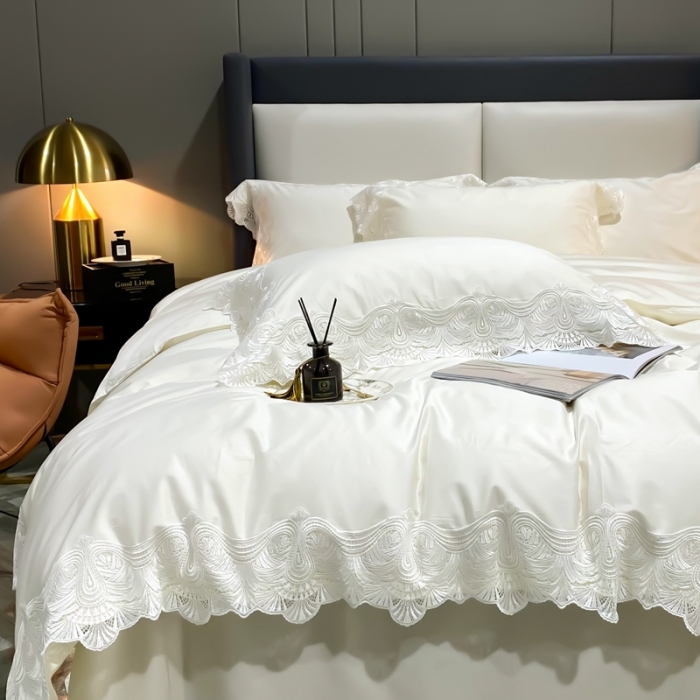 91家纺网 家纺一手货源 找家纺 缔缦家纺 2022新款100支长绒棉蕾丝四件套-夏丽尔公主 米白