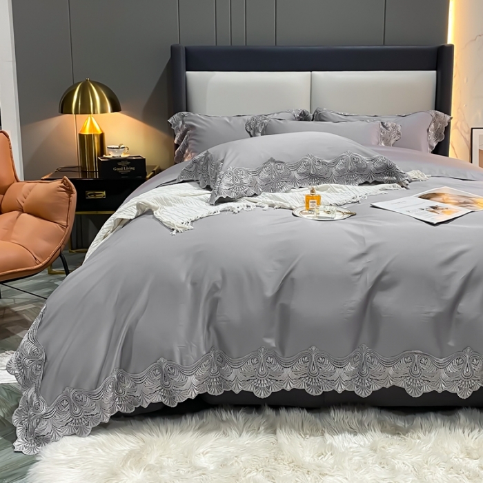 91家纺网 家纺一手货源 找家纺 缔缦家纺 2022新款100支长绒棉蕾丝四件套-夏丽尔公主 银灰