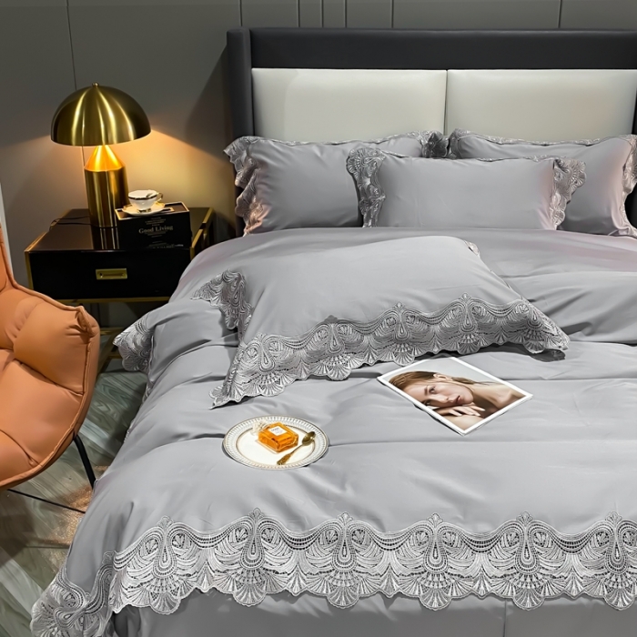 91家纺网 家纺一手货源 找家纺 缔缦家纺 2022新款100支长绒棉蕾丝四件套-夏丽尔公主 银灰